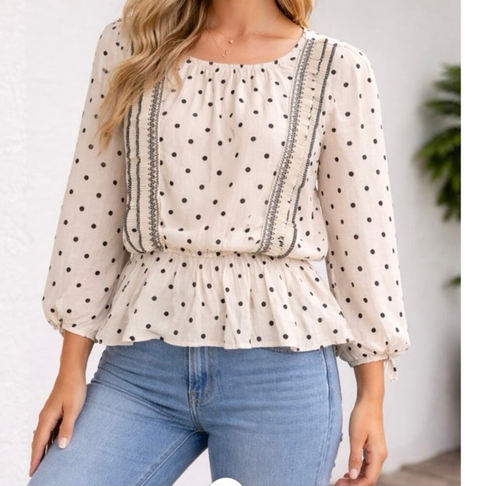 Mine Cream Polka Dot Ruffle Peplum Blouse Boho Long Sleeve Top Size Large